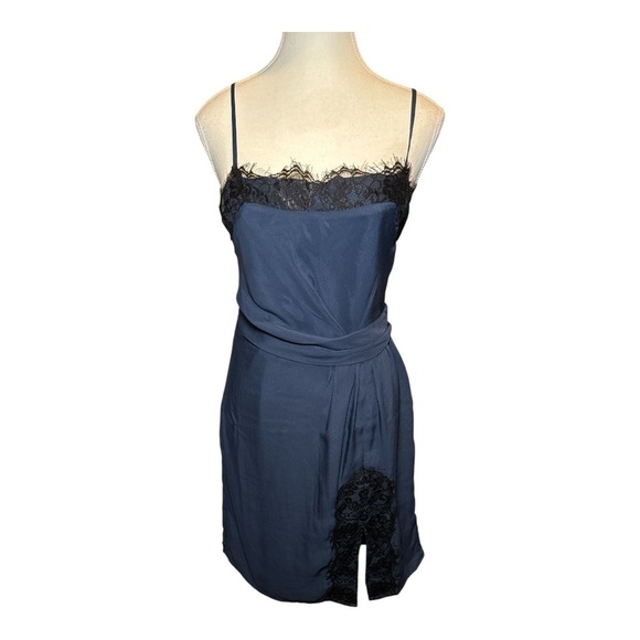 Vintage Y2K Victoria’s Secret Blue Lace Slip Dress Sz 4 Navy Black Slit - Picture 1 of 7